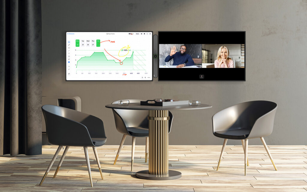 DTEN Bar in a small meeting room with two displays